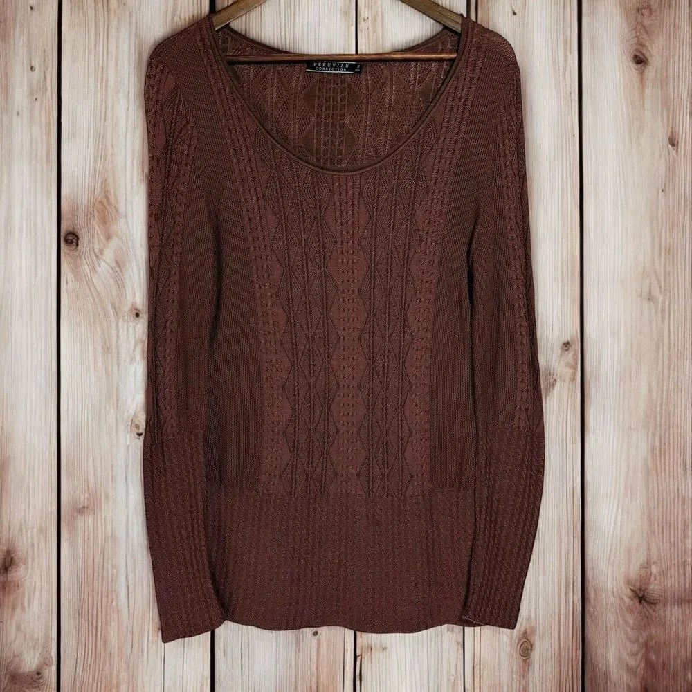 Peruvian‎ Connection Cable Knit Sweater | Womens Small | Brown 100% Pima Cotton